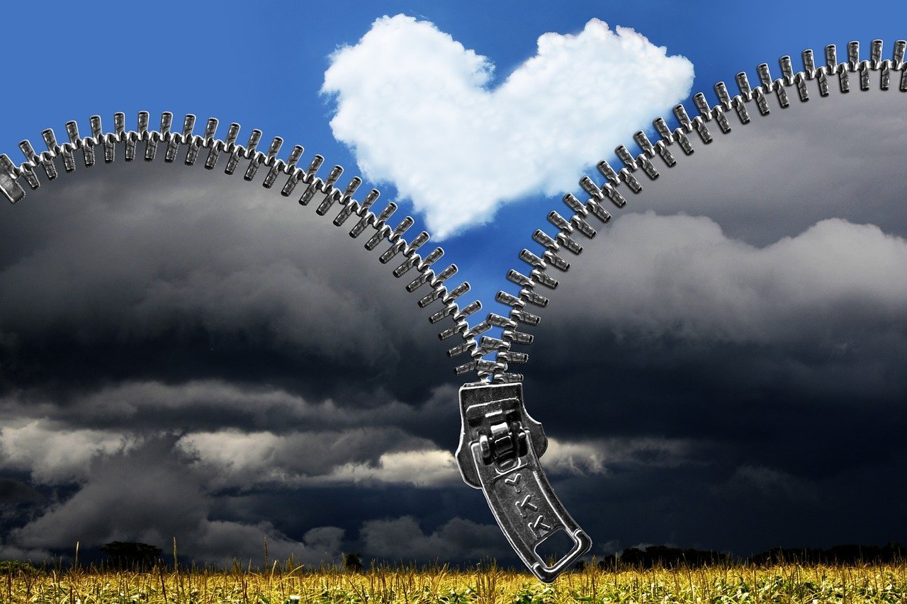 zipper, heart, clouds