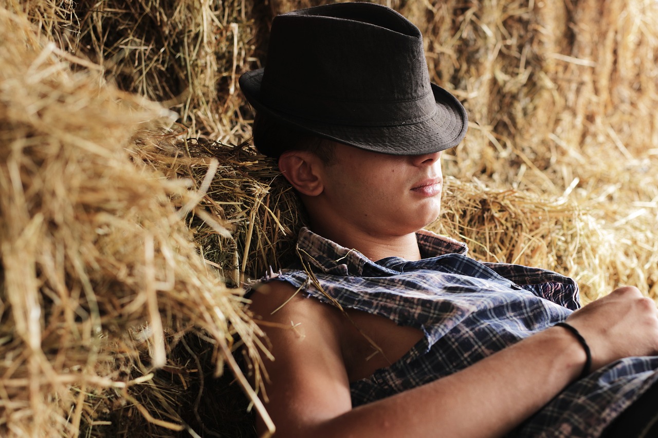 boy, sleep, ranch, day, straw, hat, human, people, rest, tired